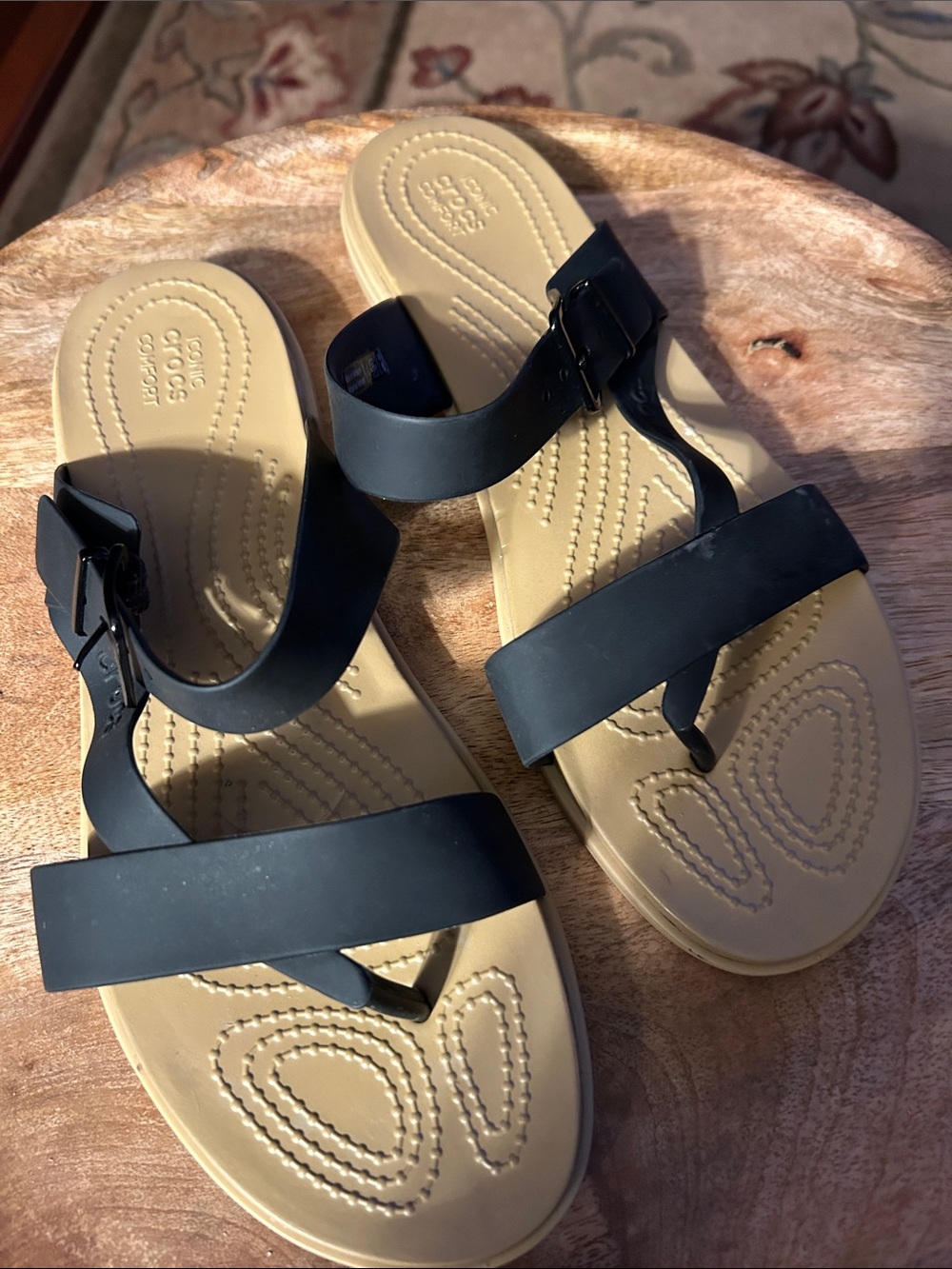 CROCS Women's Black Strappy Sandal with Tan Footbed